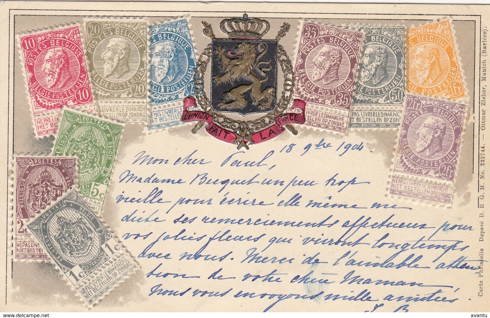 BELGIE / BELGIQUE / CARTE AVEC TIMBRES POSTE / POSTZEGELKAART  1904 / RELIEF - Timbres (représentations)