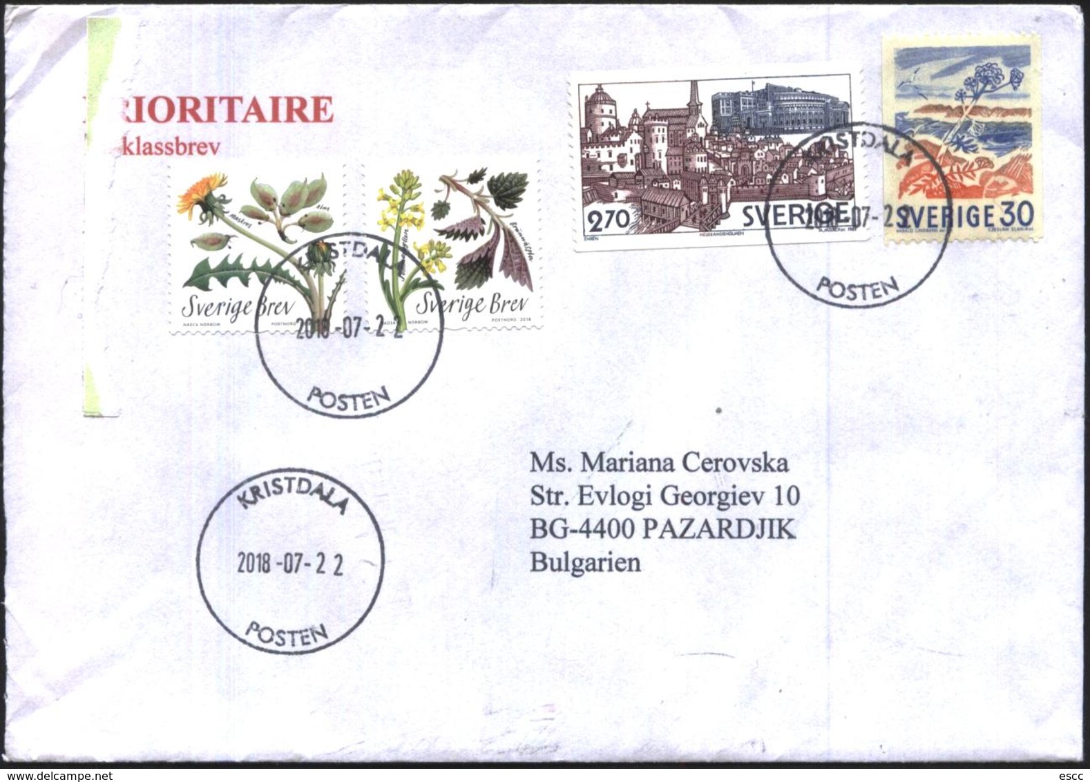 Mailed Cover (letter) With Stamps Flora 2018, Architecture 1983  From Sweden To Bulgaria - Brieven En Documenten