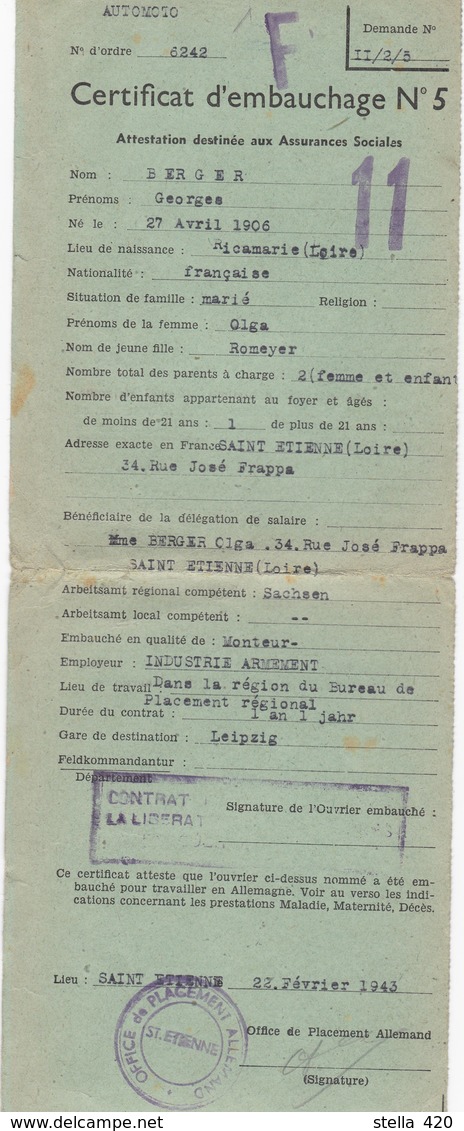 Lot De Papiers    Travail En Allemagne  1943  Tampon Croix Gamè     Plus 6 Autres - Autres & Non Classés