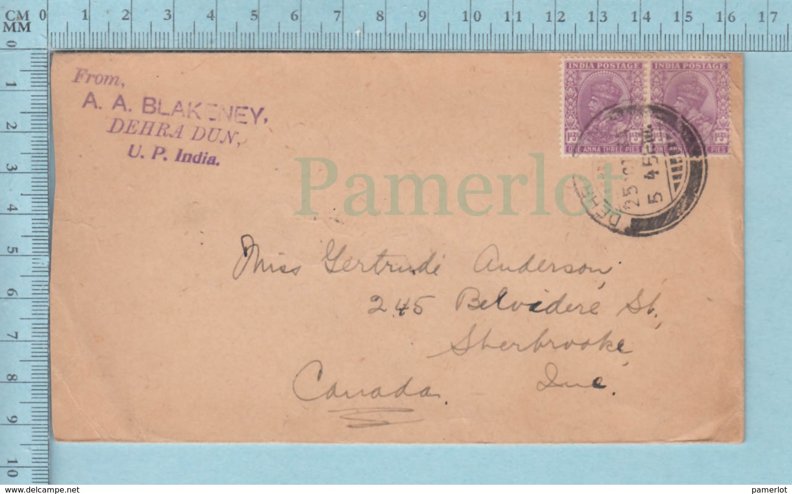 India - GB Ex-Colonies,   1934, Twin Stamp One Anna , Cover A.A. Blankeley Dehra Dun -> Sherbrooke Quebec - 1911-35 Roi Georges V