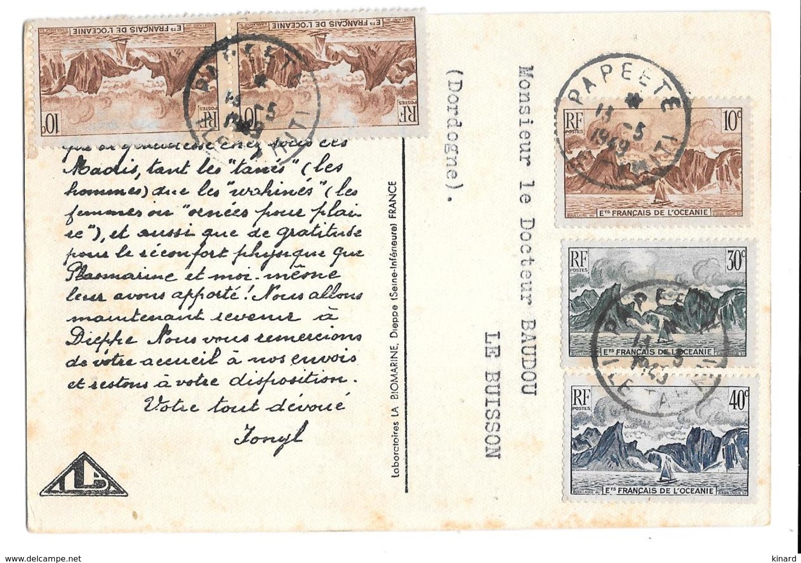 CARTE DE PAPEETE  ..ILE DE TAHITI..   OCEANIE  1949..AVEC TIMBRES.  ..TBE. - Tahiti