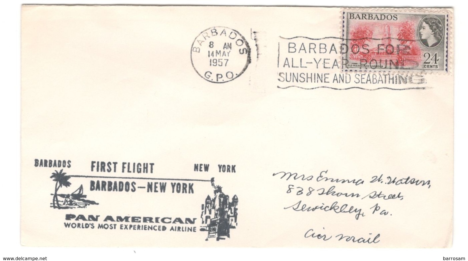 BARBADOS1957: Michel211 FIRST FLIGHT....BARBADOS -NEW YORK Cover To US - Barbados (...-1966)