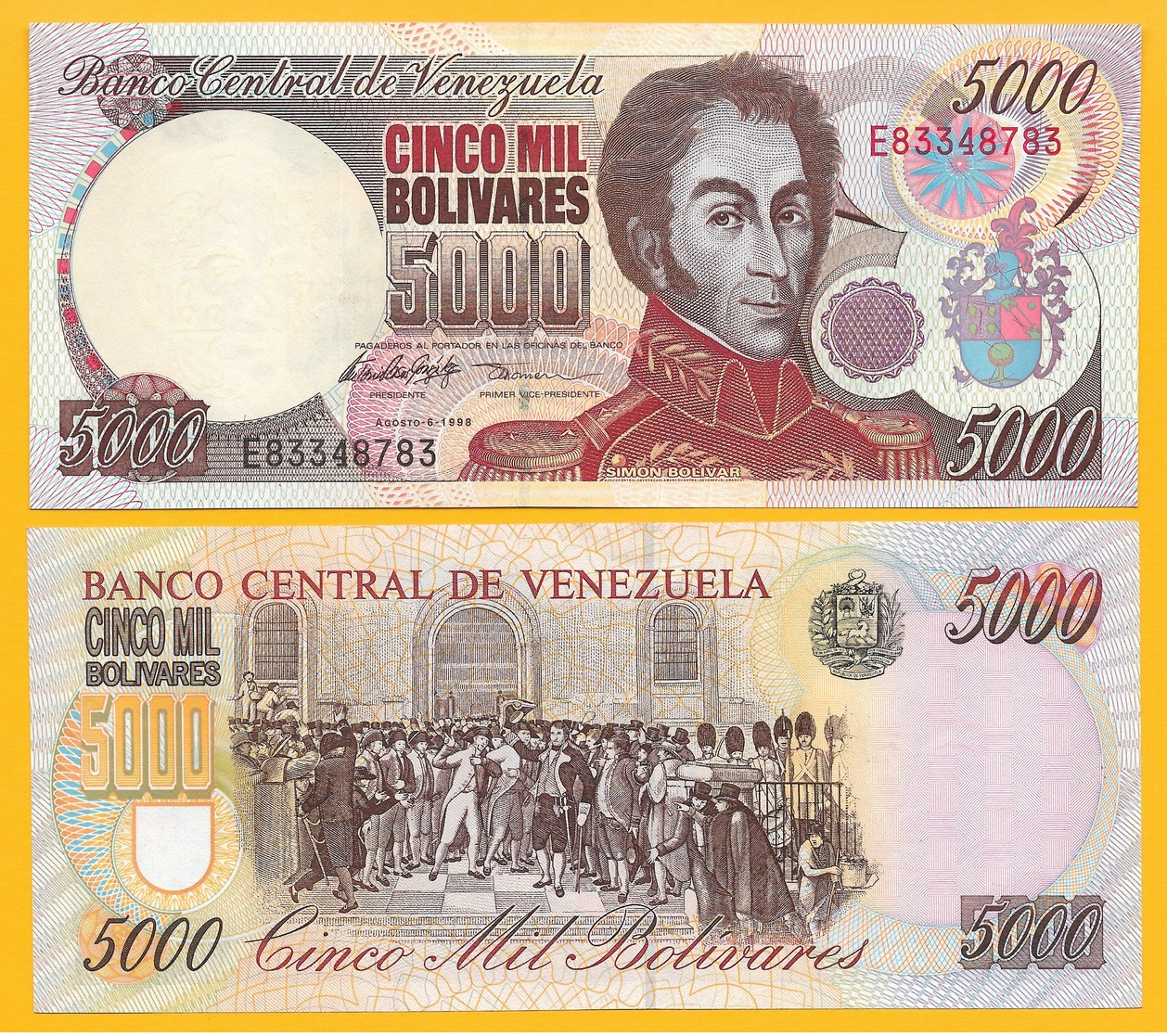 Venezuela 5000 Bolivares P-78c 1998 UNC Banknote - Venezuela