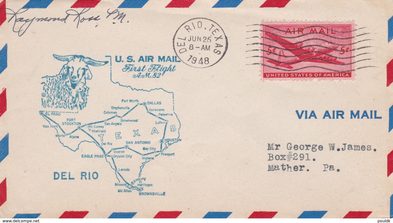 USA First Flight Cover AM82 Posted Del Rio, Texas 1948 And Arrival Cachet On Back From San Antonio - Airplanes