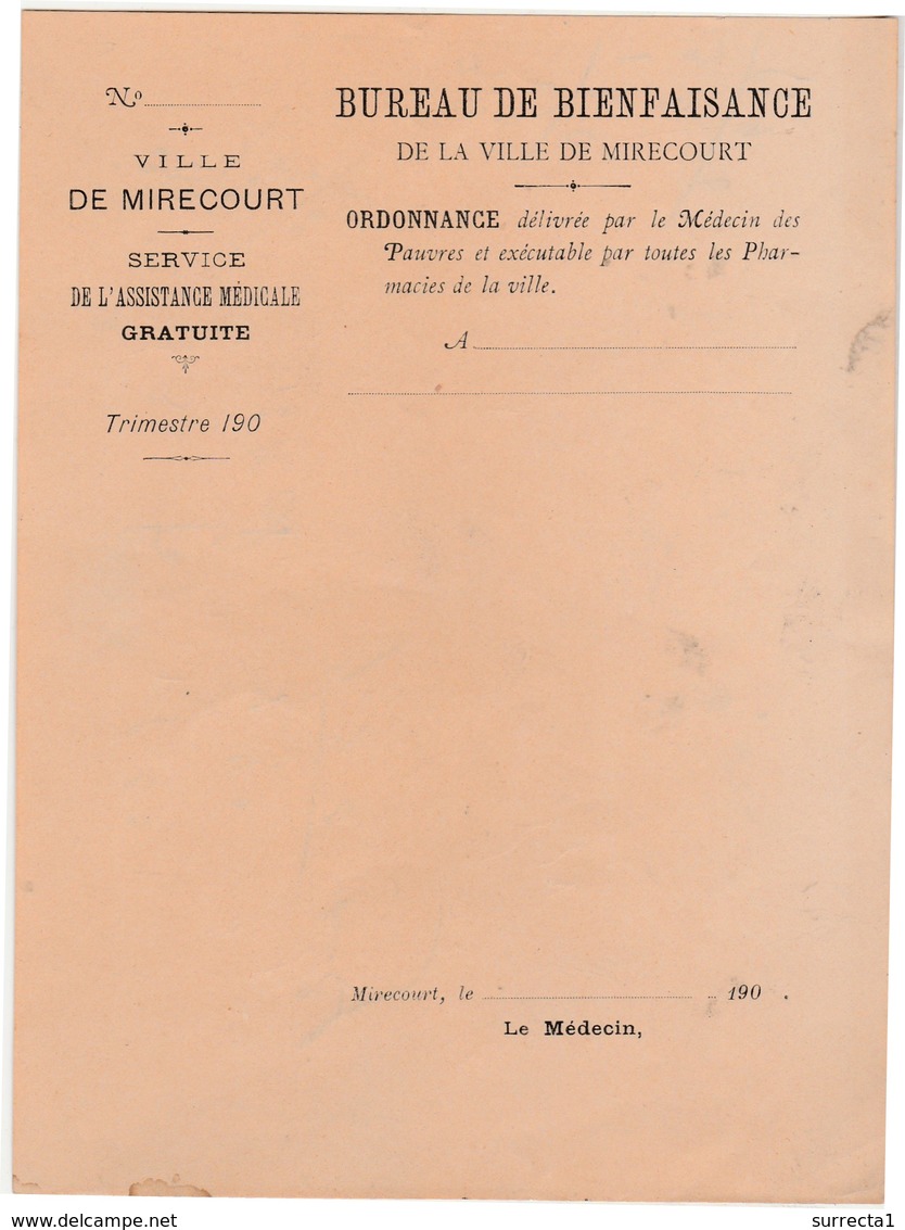 Ordonnance Médecin Des Pauvres / 1900 / Bureau Bienfaisance Mirecourt 88 Vosges - 1900 – 1949