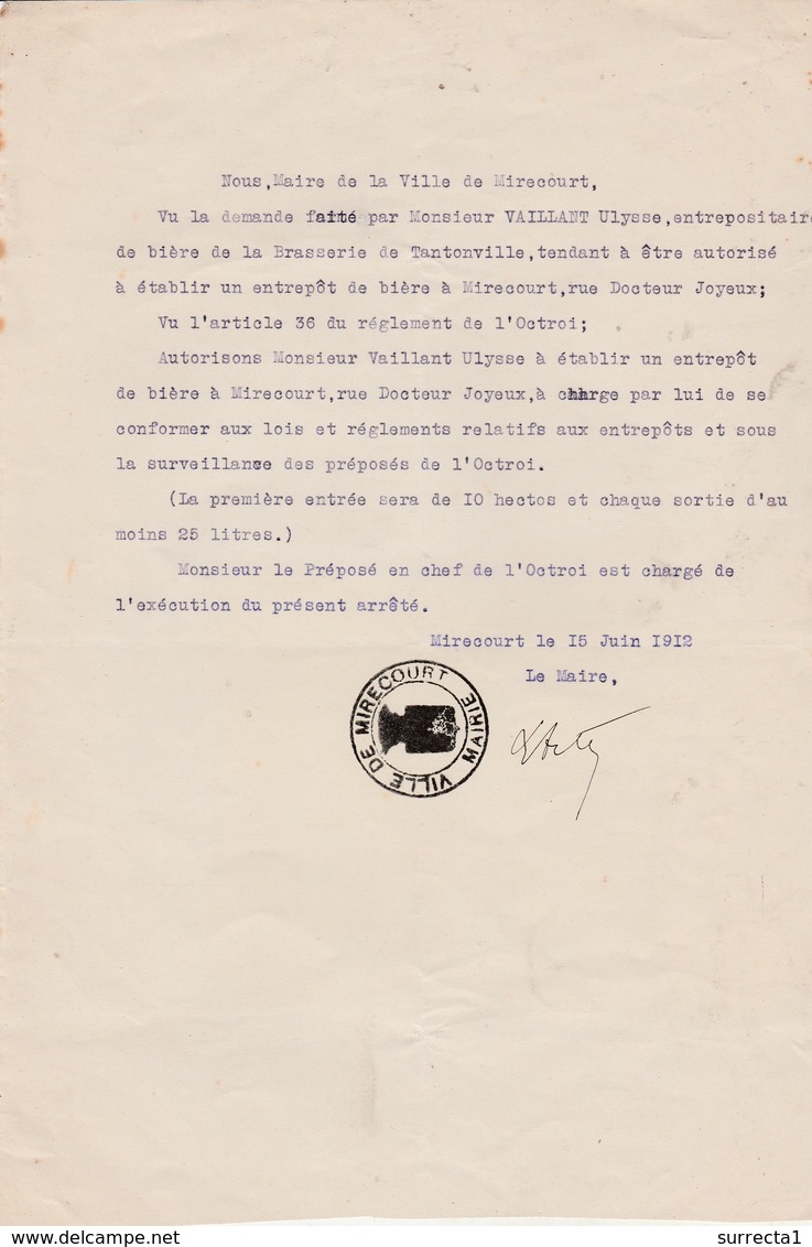 Autorisation Par La Ville De Mirecourt 88 Vosges / Ouverture Entrepôt De Bière Par La Brasserie De Tantonville 54 - 1900 – 1949