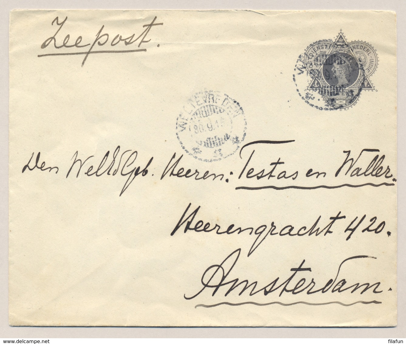 Nederlands Indië - 1916 - 10 Cent Wilhelmina, Envelop G36b Per Zeepost Van KB Weltevreden Naar Amsterdam - India Holandeses