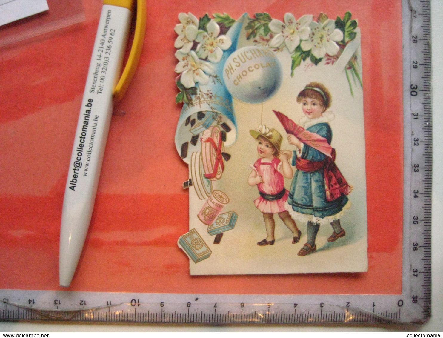 1 Chromo ( Uitgekapt, Die Cut Advertising Card ) C1891 SUISSE Chocolate SUCHARD V16f  11-  Woman And Child, Baloon, Fan - Suchard