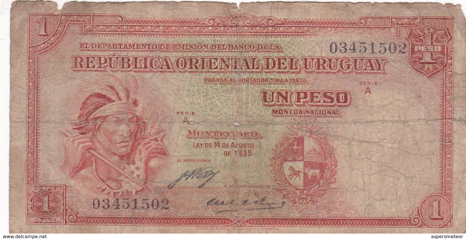 UN PESO. URUGUAY. CIRCA 1930s-BILLETE BANKNOTE BILLET-BLEUP - Uruguay