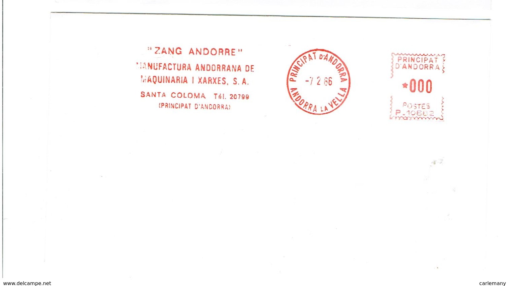 1 ENVELOPES SOBRES MAQUINA MACHINE RARE  1986 ZANG ANDORRE - Máquinas Franqueo (EMA)