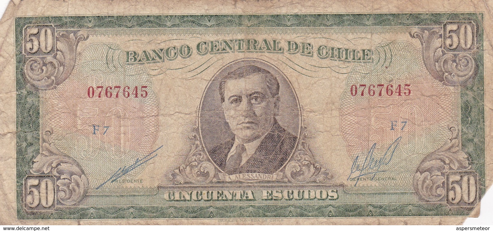 CINCUENTA ESCUDOS. A. ALESSANDRI. CHILE. CIRCA 1960s-BILLETE BANKNOTE BILLET NOTA-BLEUP - Chili