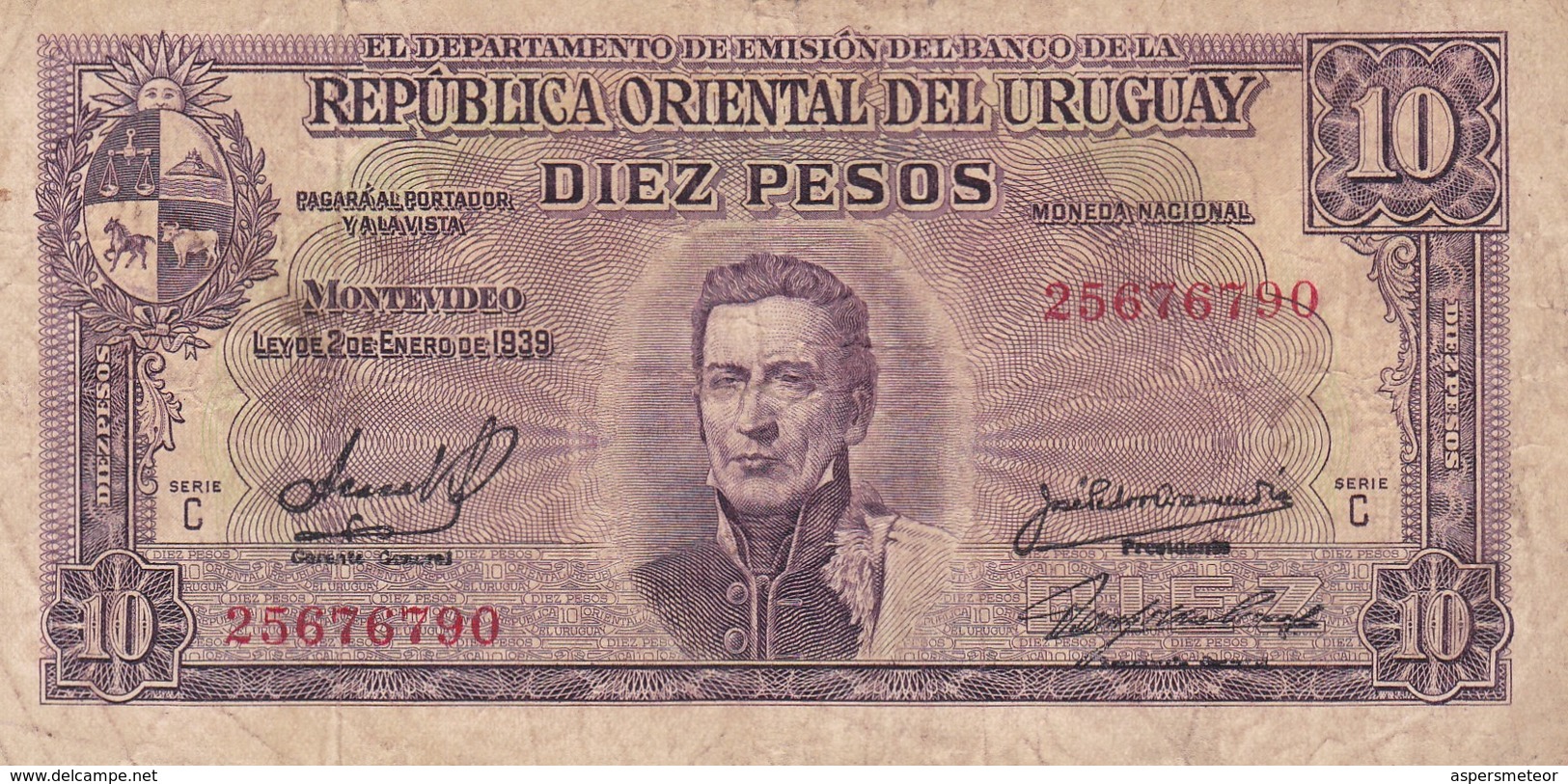 DIEZ PESOS. URUGUAY. CIRCA 1940s-BILLETE BANKNOTE BILLET NOTA-BLEUP - Uruguay