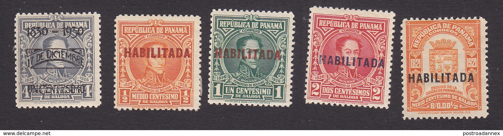 Panama, Scott #259-262, 264, Mint Hinged, Bolivar And Arms Overprinted, Issued 1930-33 - Panama