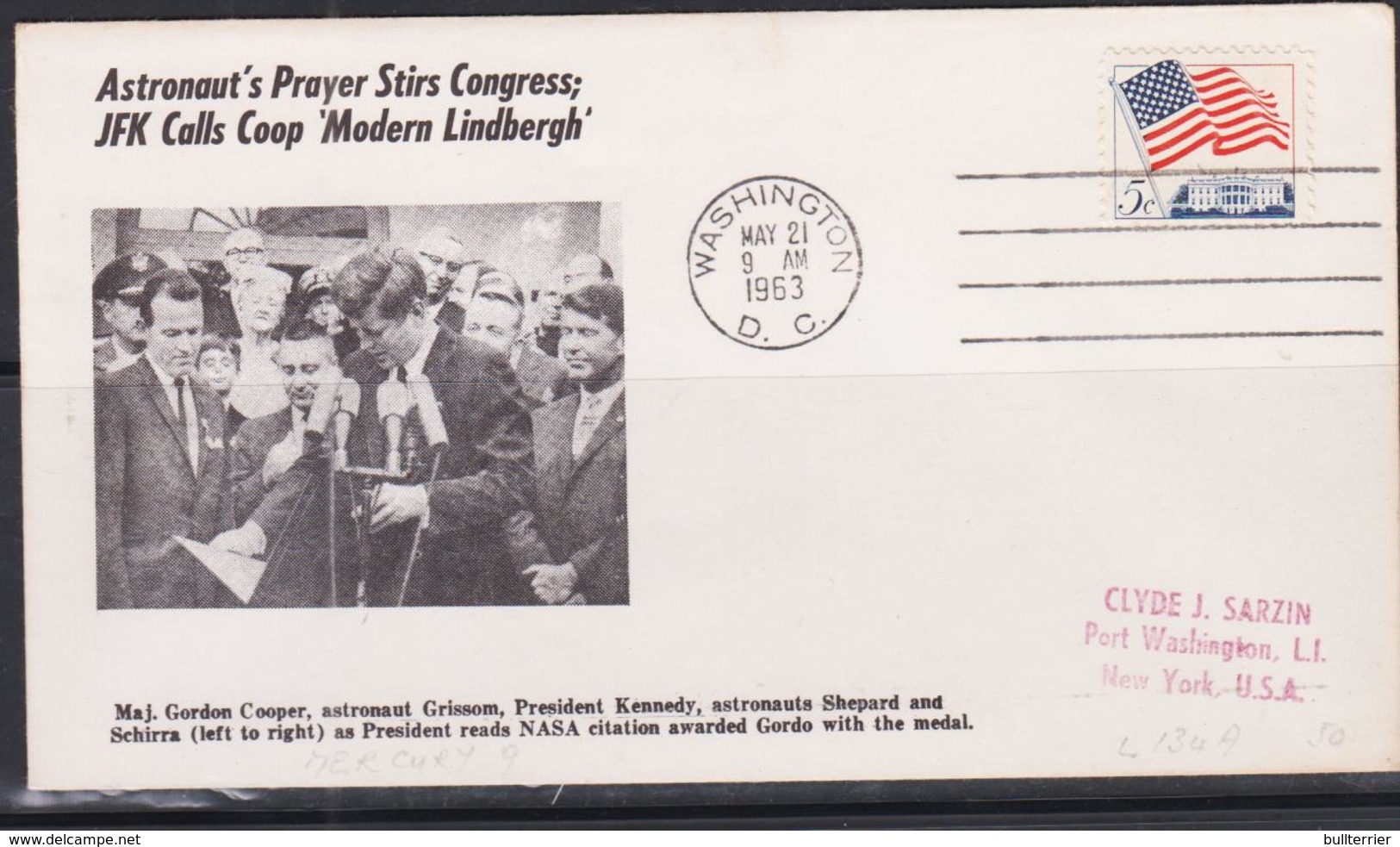 SPACE - USA - 1963  - KENNEDY// COOPER   ILLUSTRATED  COVER WITH WASHINGTN MAY 21 POSTMARK - United States
