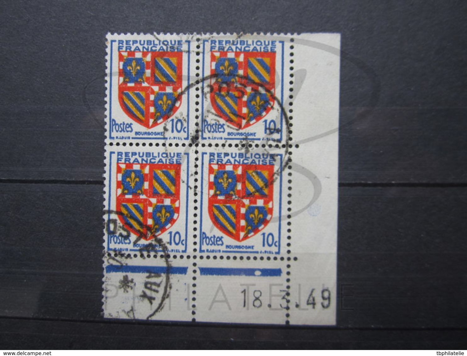 VEND TIMBRES DE FRANCE N° 834 EN BLOC DE 4 , CD " 18.3.49 " , CACHET " POSTE AUX ARMEES " !!! - 1940-1949