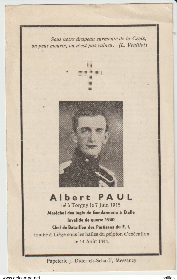 LE GENDARME - ALBERT PAUL - Tombé à Liège Sous Les Balles Du Pelonton D'exécution Le, 14 /08/ 1944 - 1939-45