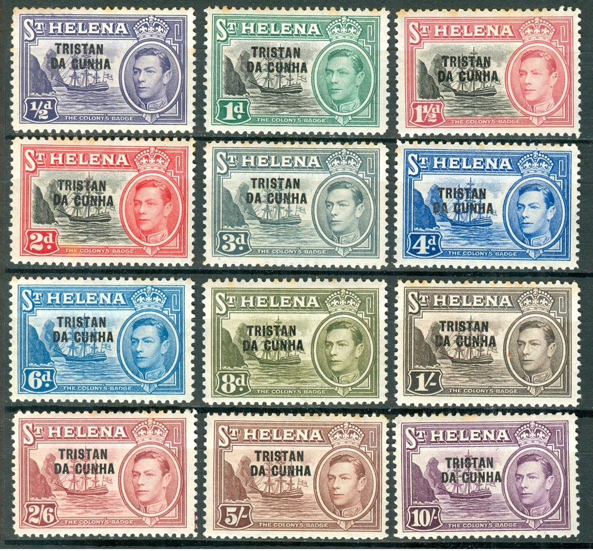 TRISTAN DA CUNHA 1952 St. Helena Stamps Optd (12v), MNH, With Light Tropiclization MiNr 1-12, SG 1-12; C.v. €17.25 - Tristan Da Cunha