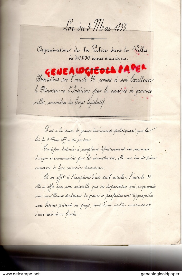 POLITIQUE PREFET PREFECTURE- MAIRIE-LOI 1855-ORGANISATION POLICE VILLES DE 40.000 AMES-MINISTRE INTERIEUR PARIS LYON - Documents Historiques