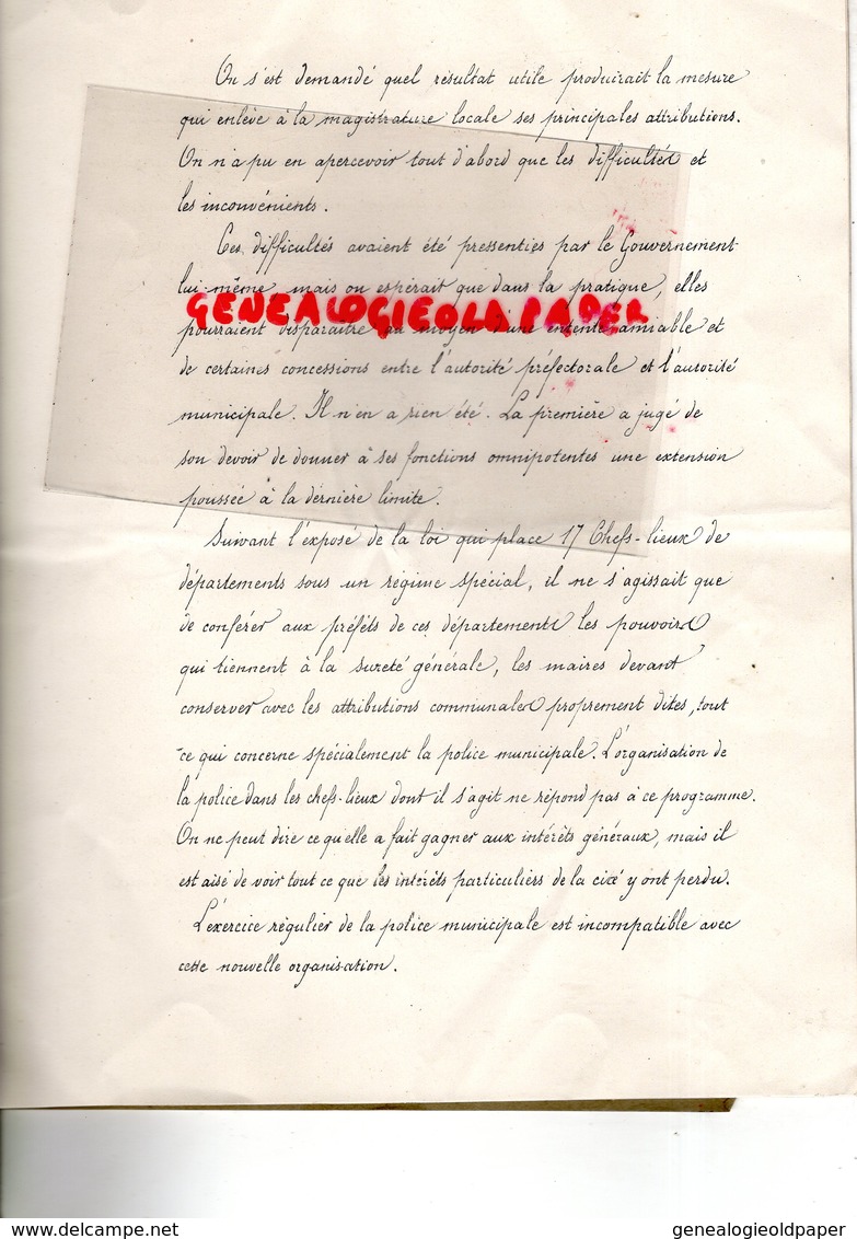 POLITIQUE PREFET PREFECTURE- MAIRIE-LOI 1855-ORGANISATION POLICE VILLES DE 40.000 AMES-MINISTRE INTERIEUR PARIS LYON - Documents Historiques