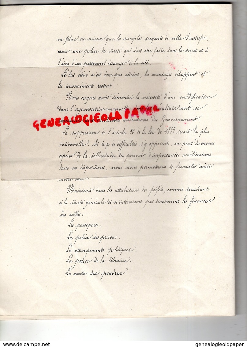 POLITIQUE PREFET PREFECTURE- MAIRIE-LOI 1855-ORGANISATION POLICE VILLES DE 40.000 AMES-MINISTRE INTERIEUR PARIS LYON