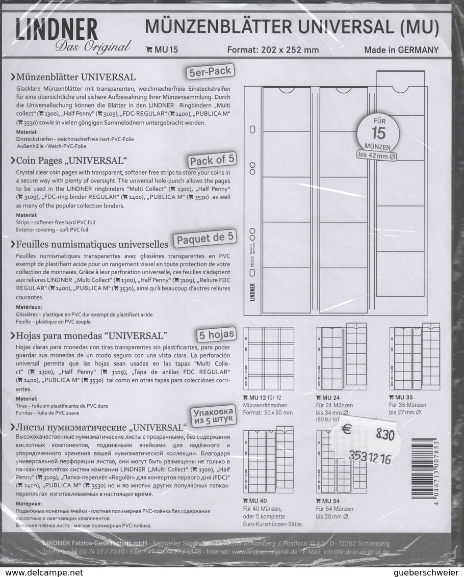 Paquet De 5 Feuilles Transparentes Avec Intercallaires Noirs Pour Monnaies Lindner MU15 Pour 15 Pièces Diam. 42 Mm - Matériel