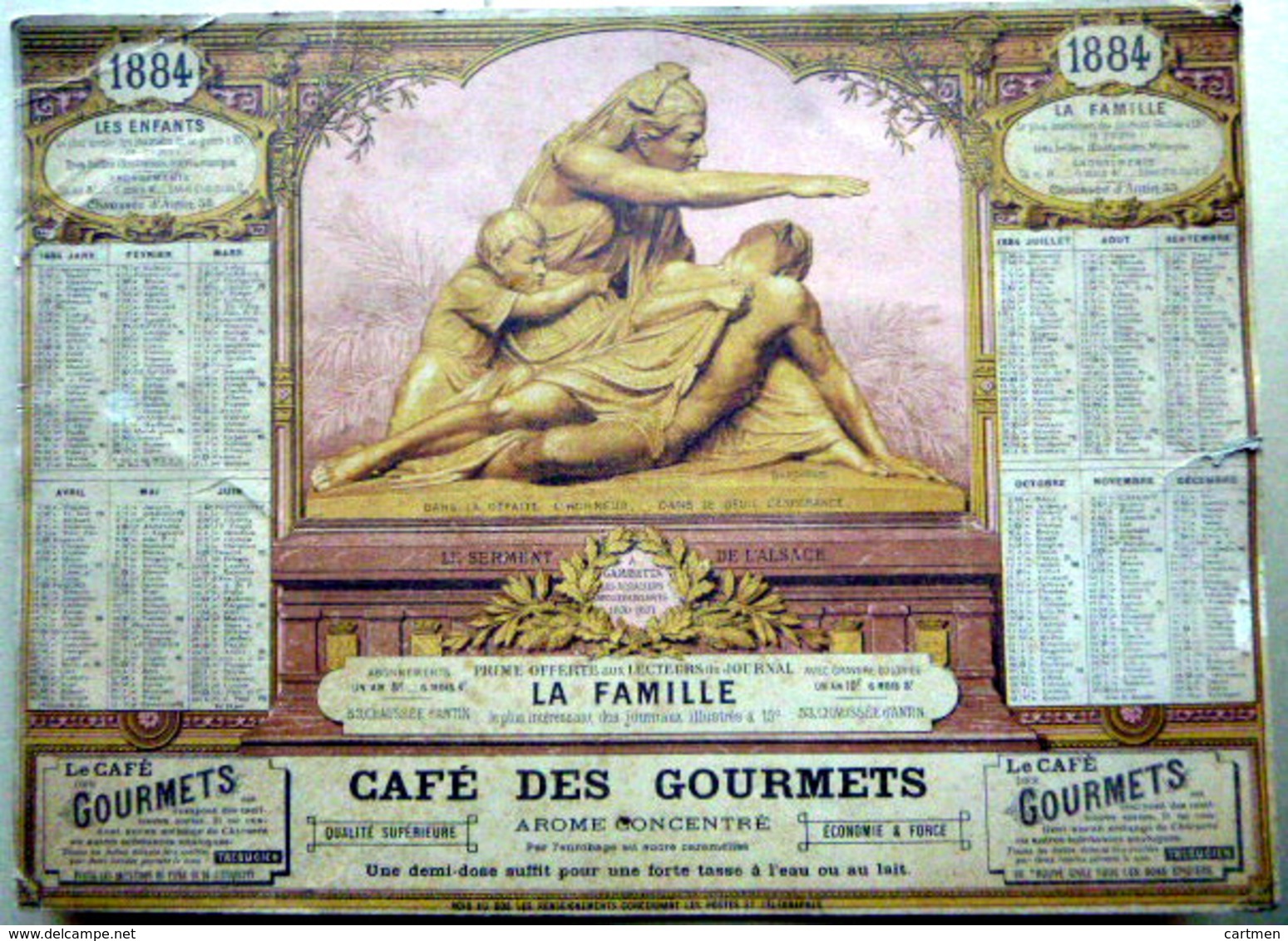 CALENDRIER PUBLICITAIRE 1884  CAFE DES GOURMETS ALLEGORIE D'APRES BARTHOLDI - Autres & Non Classés