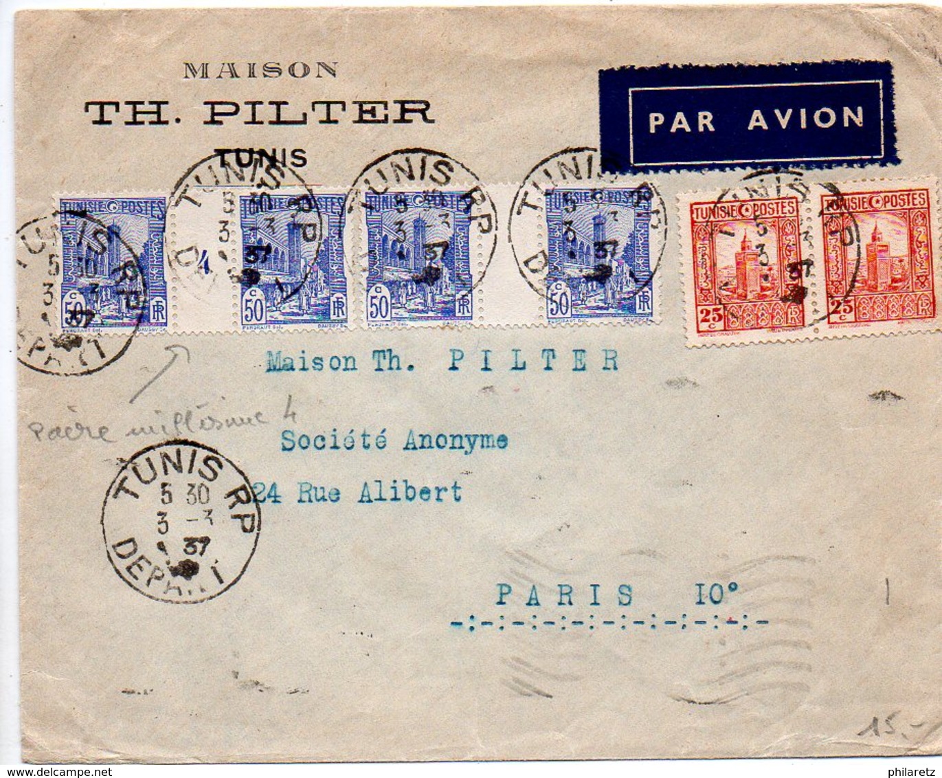 Tunisie : 50c Mosquée En Paire Millésime 4 + Divers Sur Lettre Par Avion De 1937 - Lettres & Documents