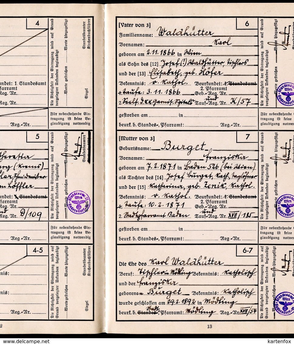 Ahnenpass Dt.Reich-Österreich, Frau, 18.3.1940, Wien-Hadersdorf, Arier-Nachweis....TOP,TOP