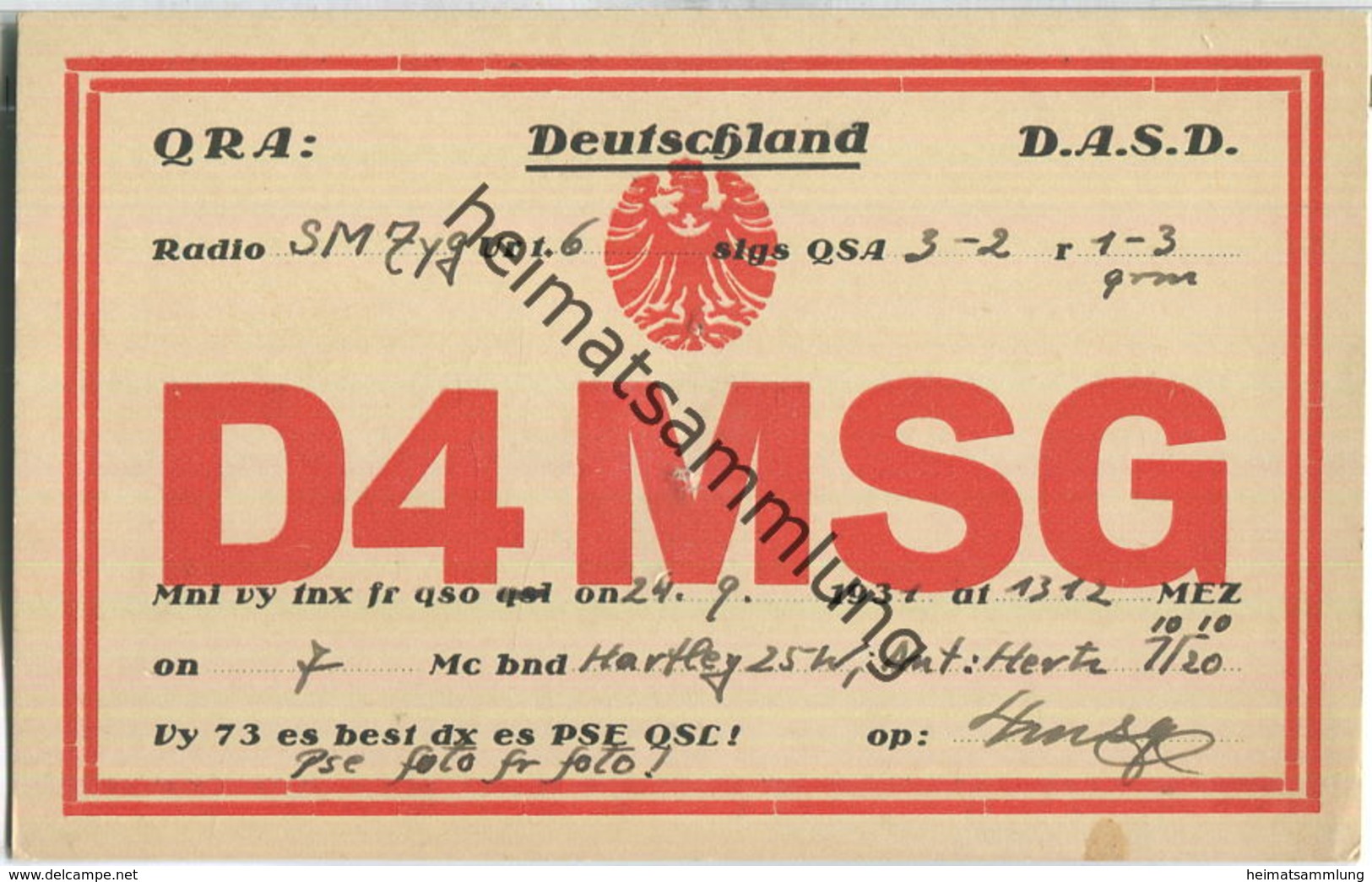 QSL - QTH - D4MSG - 1931 - Amateurfunk