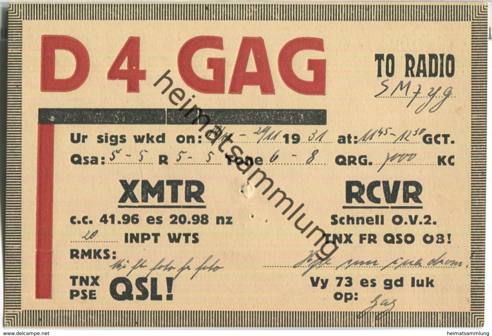 QSL - QTH - D4GAG - 1931 - Amateurfunk