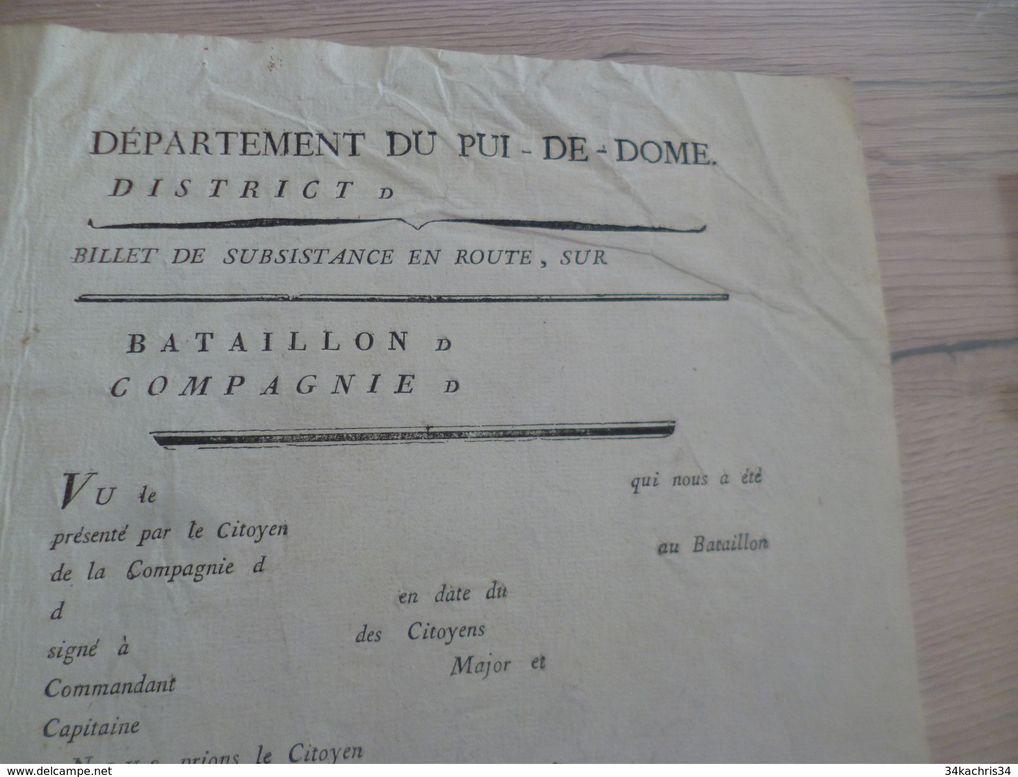 Militaria Militaire Vierge Billet De Subsistance Puy De Dôme Révolution000 - Documents