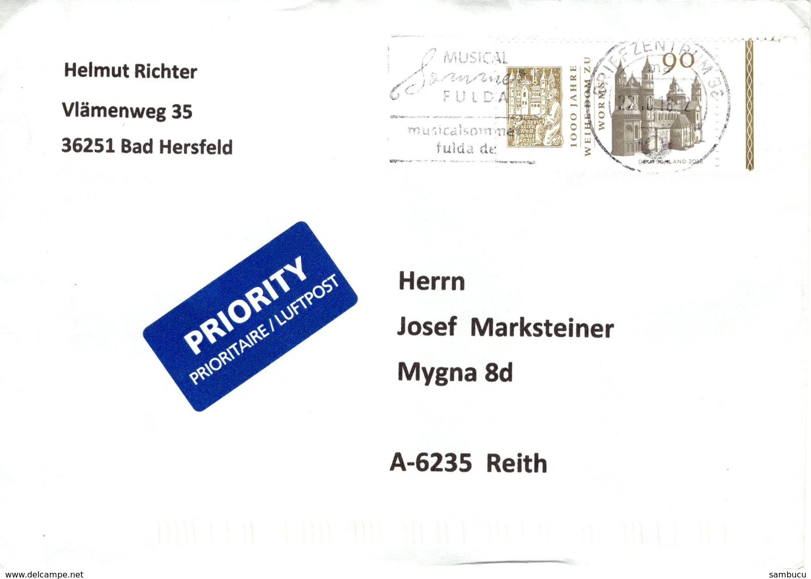 Auslands - Brief Von Briefzentrum 36 Mit 90 Cent Dom Worms Mit Werbe -Stpl Fulda 2018 - Briefe U. Dokumente