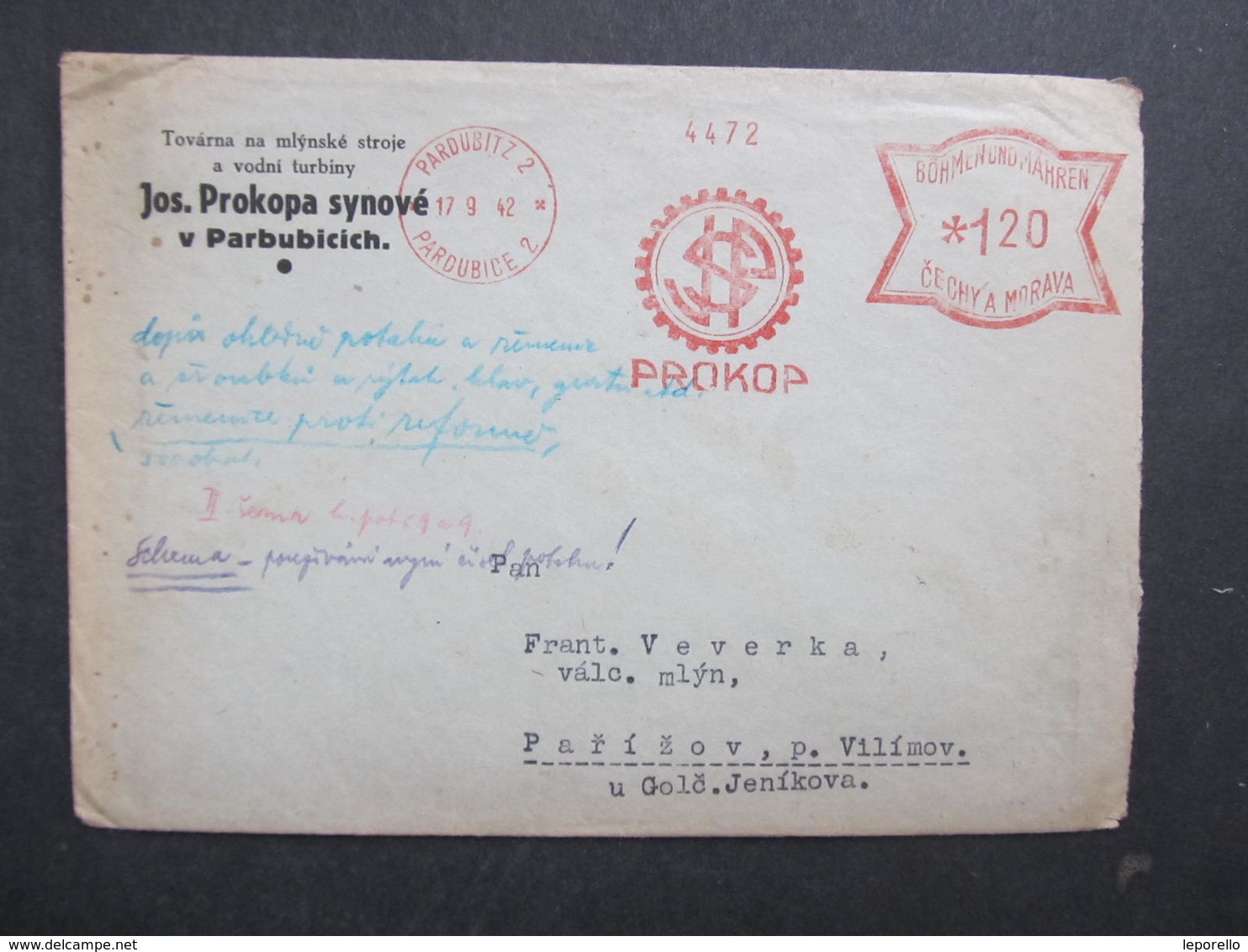 Brief Pardubice 1942 Prokop Mühle Mill Frankotype Postfreistempel // L0535 - Briefe U. Dokumente