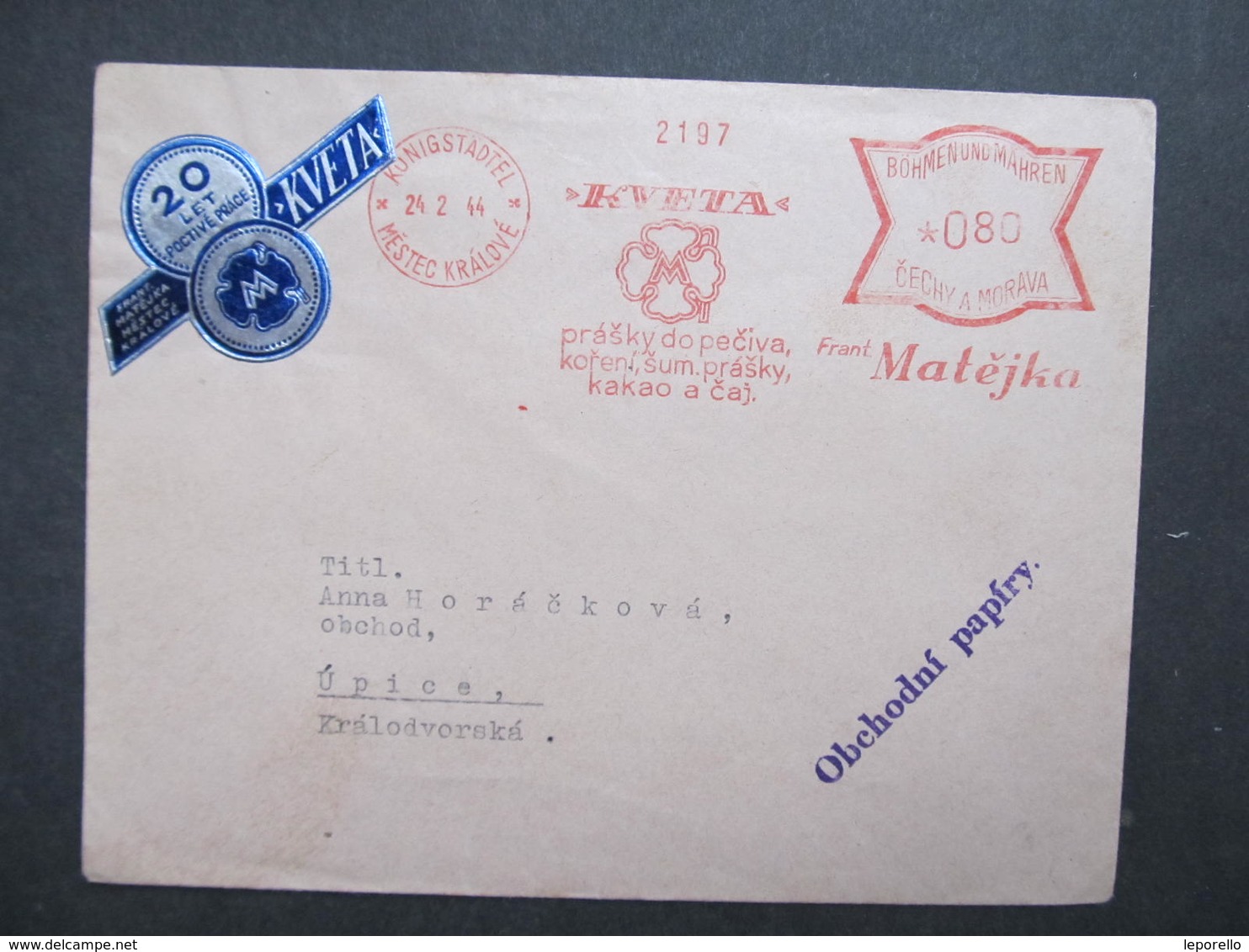 Brief Mestec Kralove Kveta Matejka  1944 Kakao The Tee  Frankotype Postfreistempel // L0536 - Briefe U. Dokumente