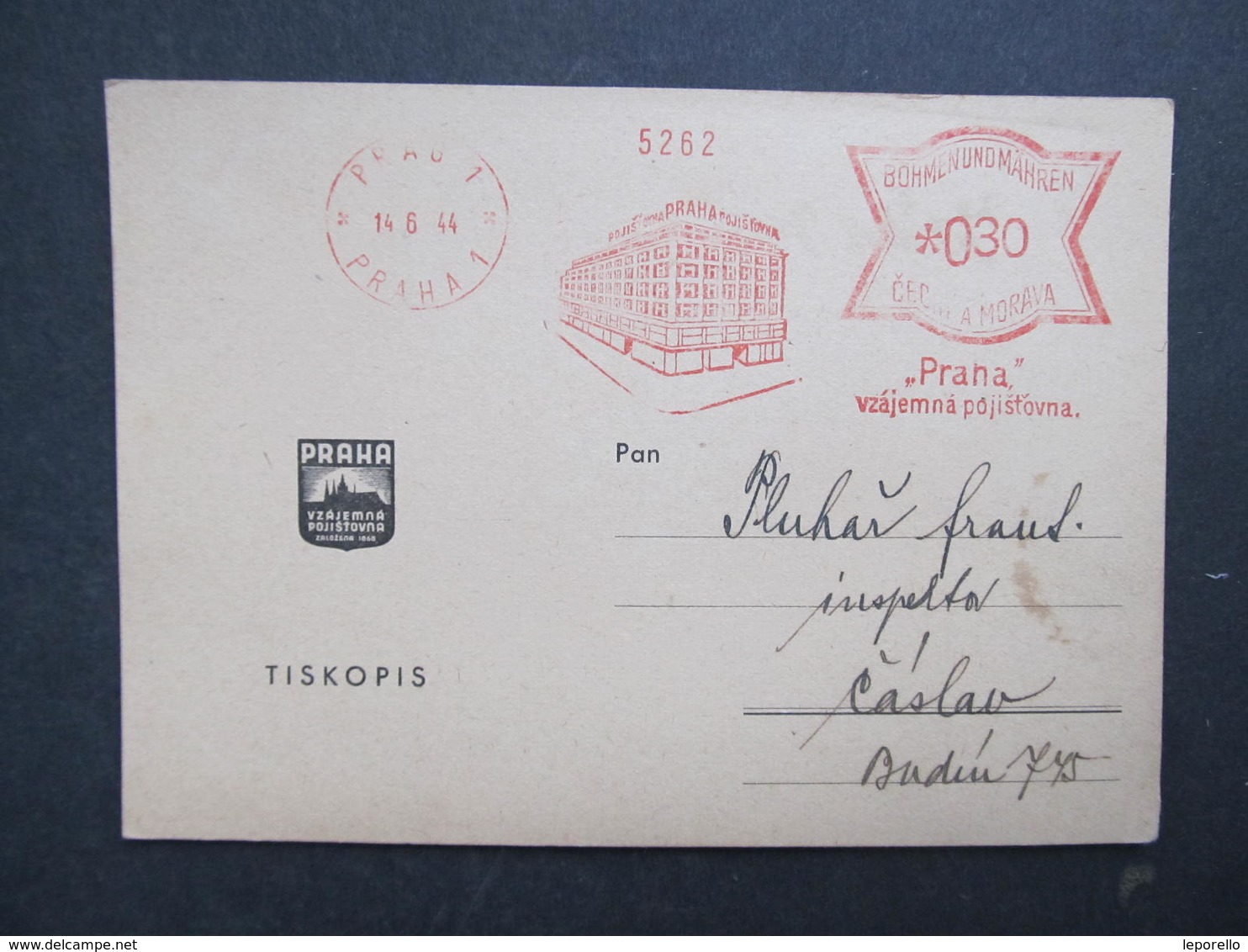 Brief Praha 1 Vzajemna Pojistovna 1944 Frankotype Postfreistempel // L0540 - Briefe U. Dokumente