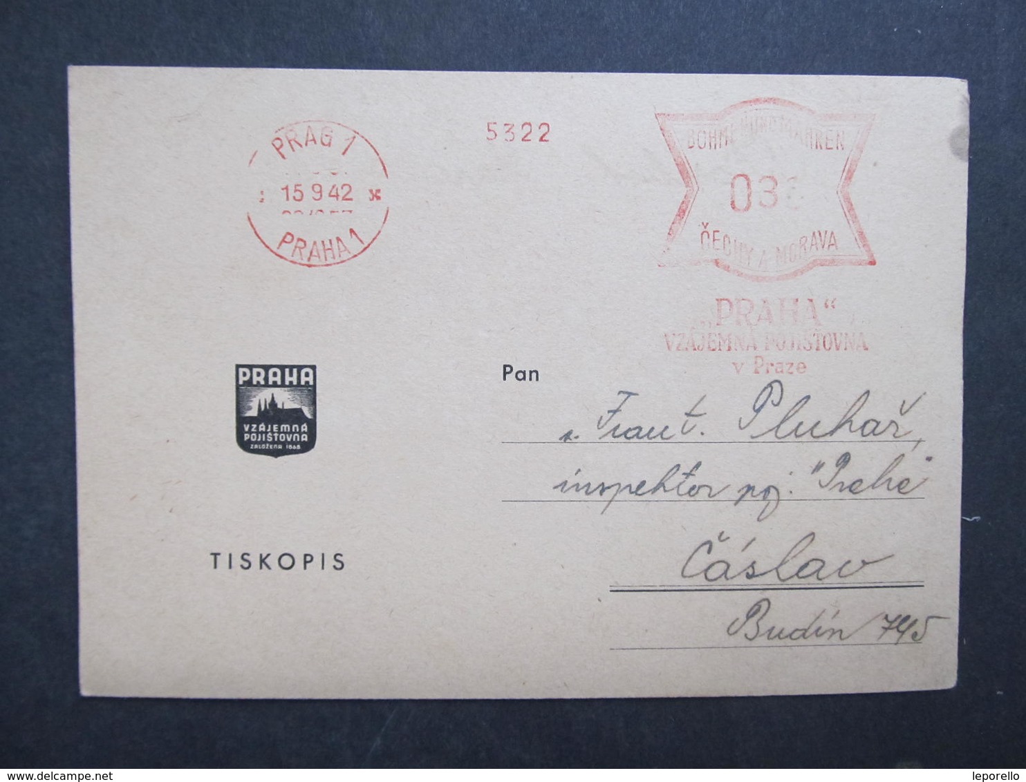 Brief Praha 1 Vzajemna Pojistovna 1942 Frankotype Postfreistempel // L0542 - Briefe U. Dokumente