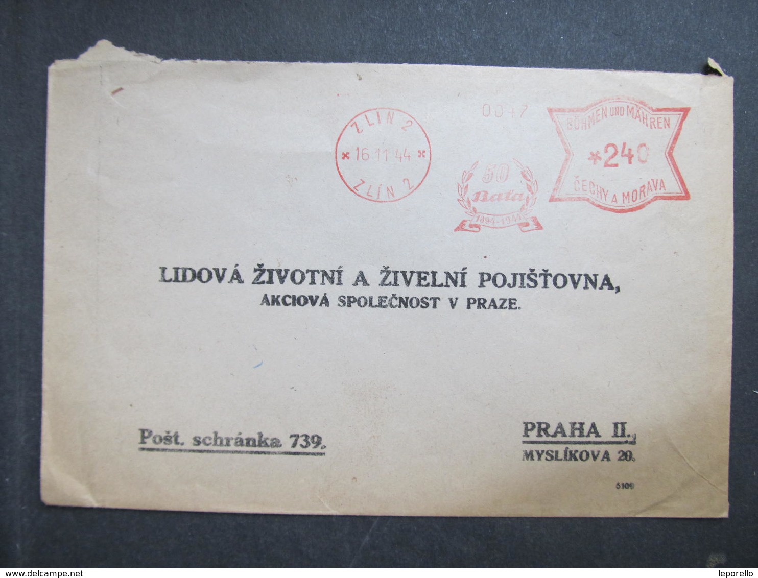 Brief Zlin 1944 50.let Bata  Frankotype Postfreistempel // L0546 - Briefe U. Dokumente