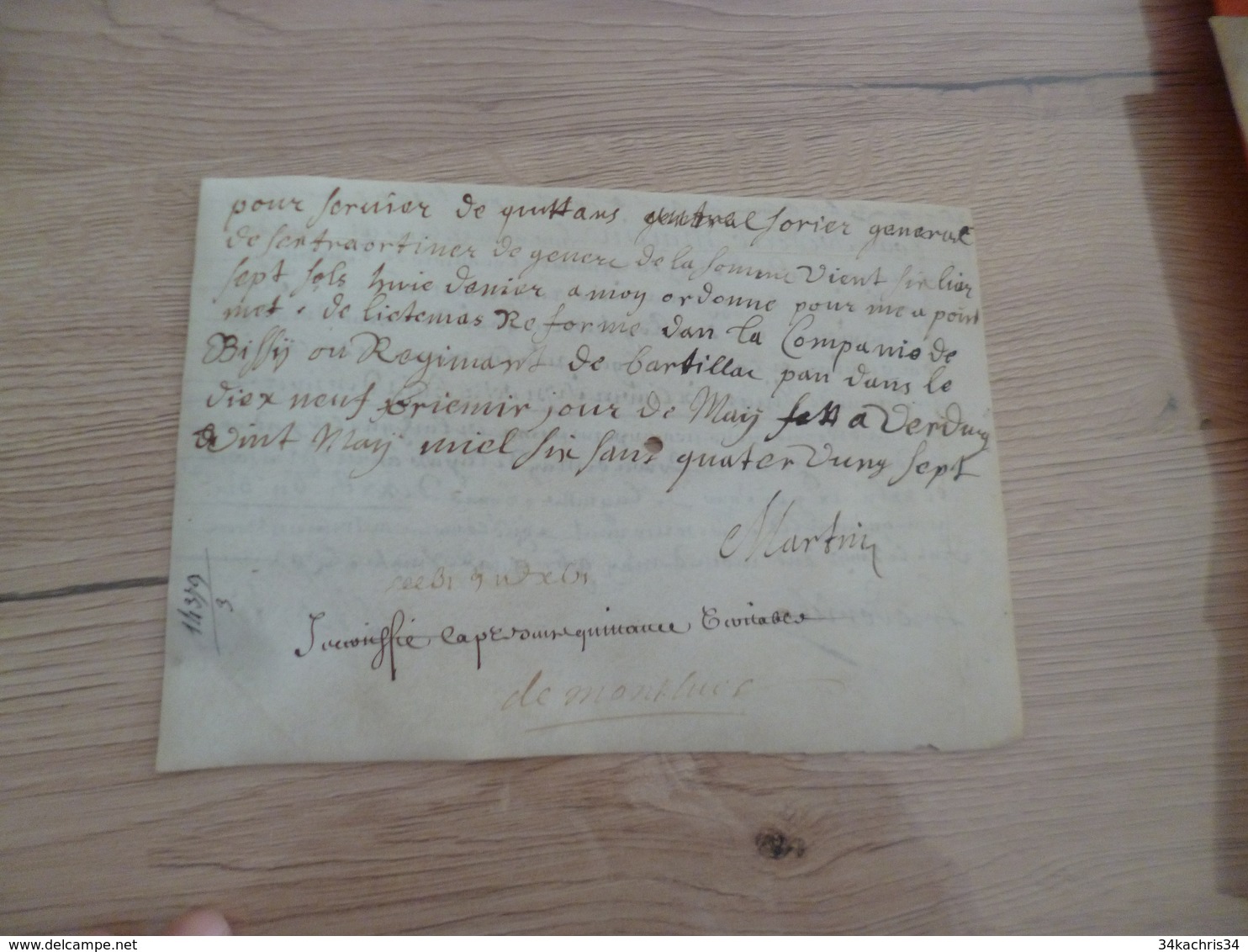 20/05/1687 Velin Autographe Martin Cie De Bissy Reçu - Documents