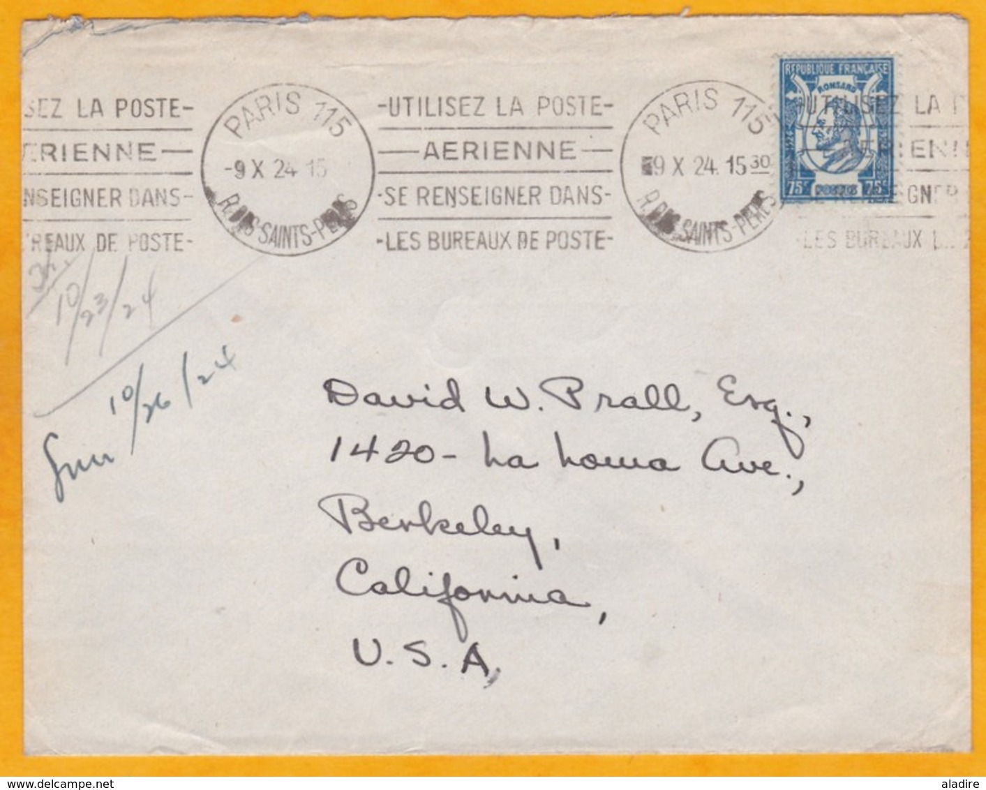 1924 - Enveloppe De Paris, France Vers Berkeley, USA - Affrt 75 C Ronsard Seul - OMEC Poste Aérienne - Hôtel D'Alsace - 1921-1960: Moderne