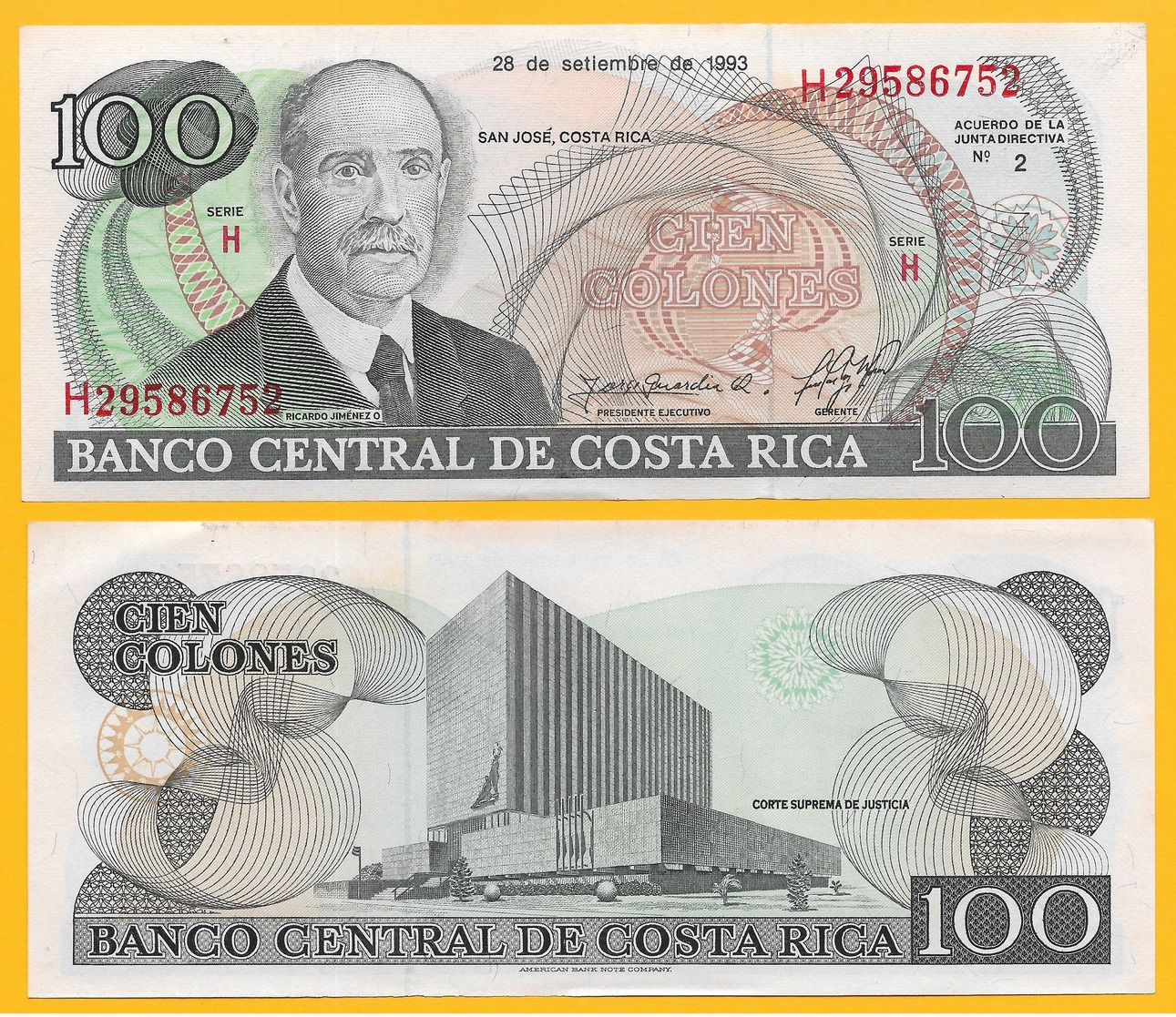 Costa Rica 100 Colones P-261a 1993 (Series H) UNC Banknote - Costa Rica