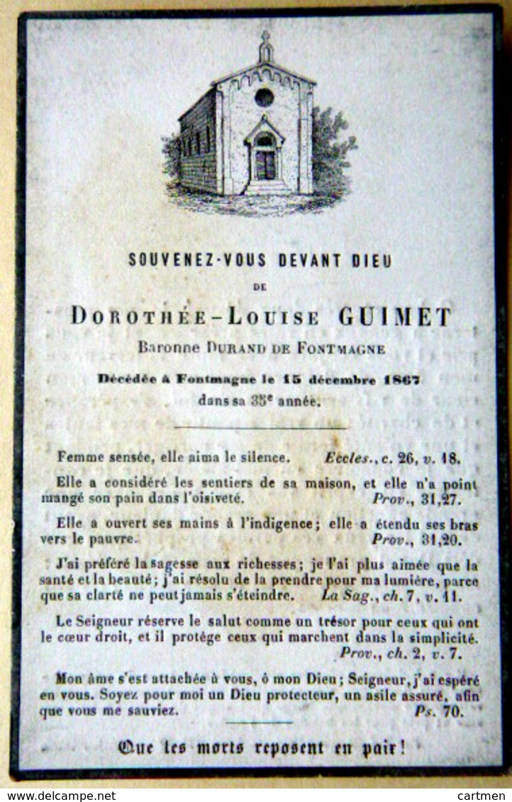 MEMORANDUM  DOROTHEE LOUISE GUIMET BARONNE DE FONTMAGNE 34 HERAULT FAIRE PART DECES - Décès