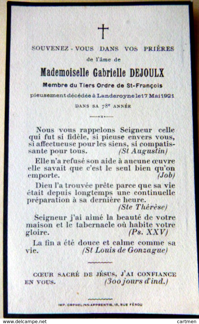 MEMORANDUM  GABRIELLE DEJOULX ORDRE DE SAINT FRANCOIS 18 CHER  FAIRE PART DECES - Décès