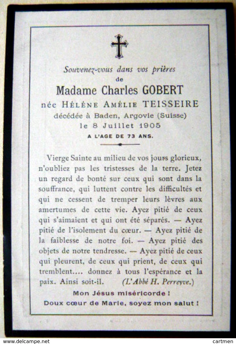 MEMORANDUM  SOUVENIR MADAME CHARLES GOBERT NEE TEISSEIRE  SUISSE  FAIRE PART DECES - Décès