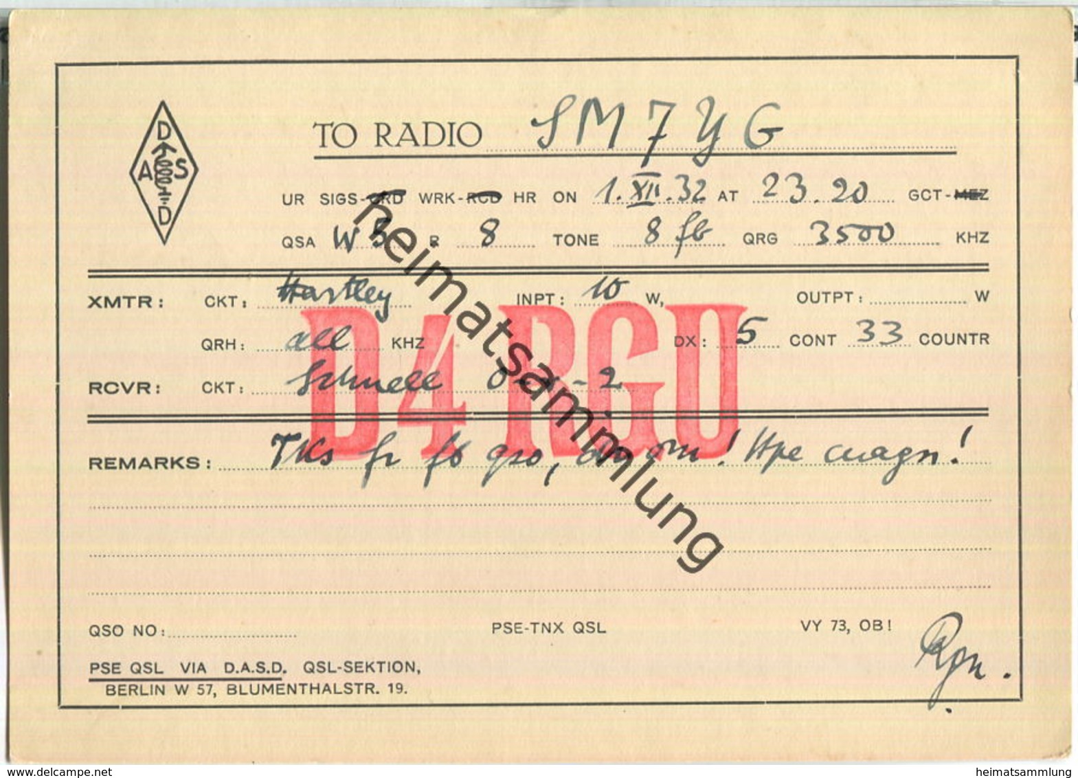 QSL - QTH - D4RGU - 1932 - Amateurfunk