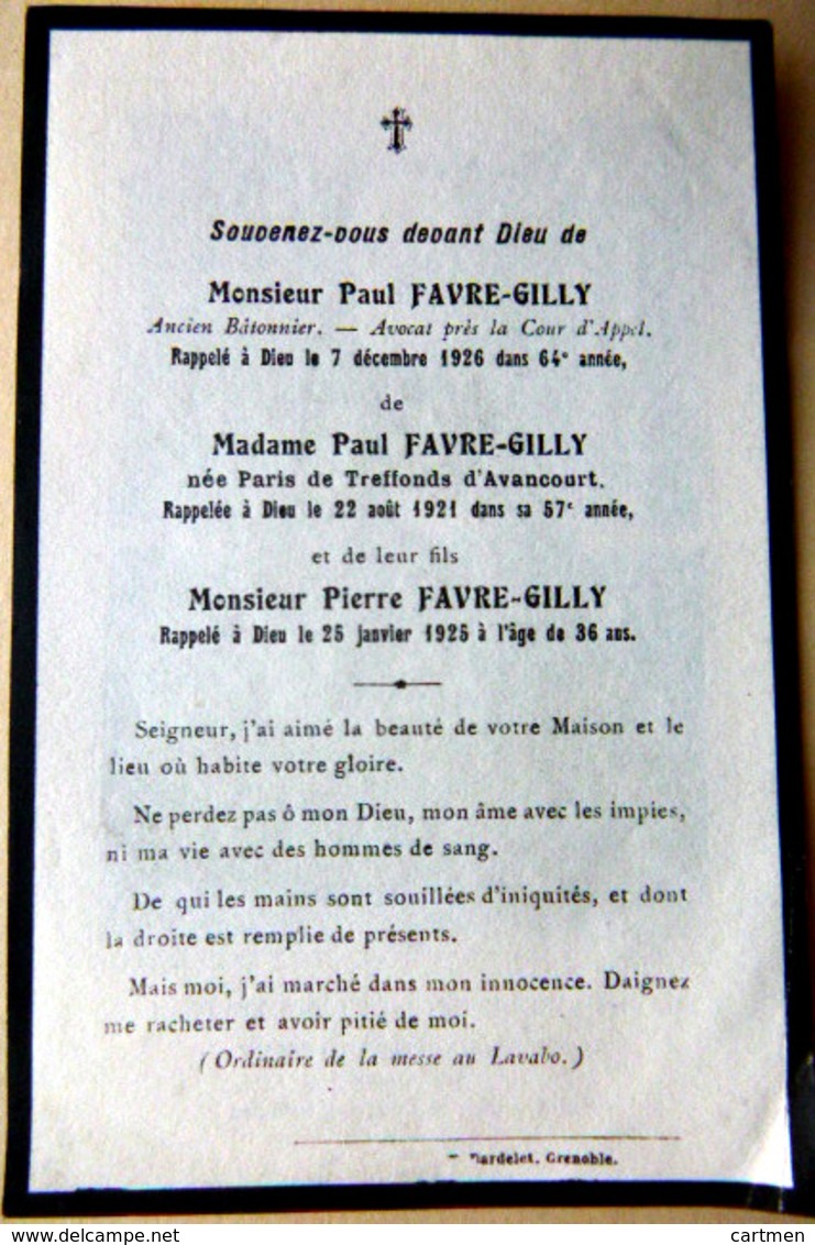 MEMORANDUM  SOUVENIR  FAMILLE FAVRE GILLY  FAIRE PART DECES - Décès