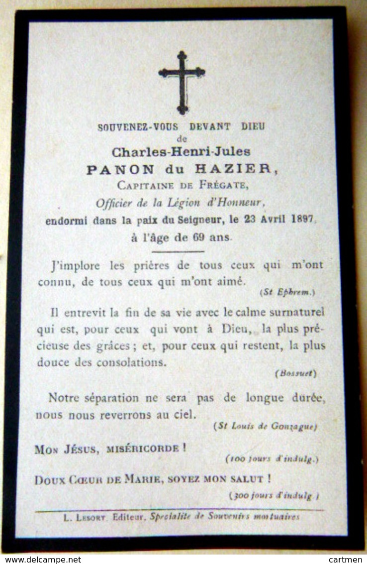 MEMORANDUM  SOUVENIR  CAPITAINE DE FREGATE PANON DE HAZIER  FAIRE PART DECES - Décès