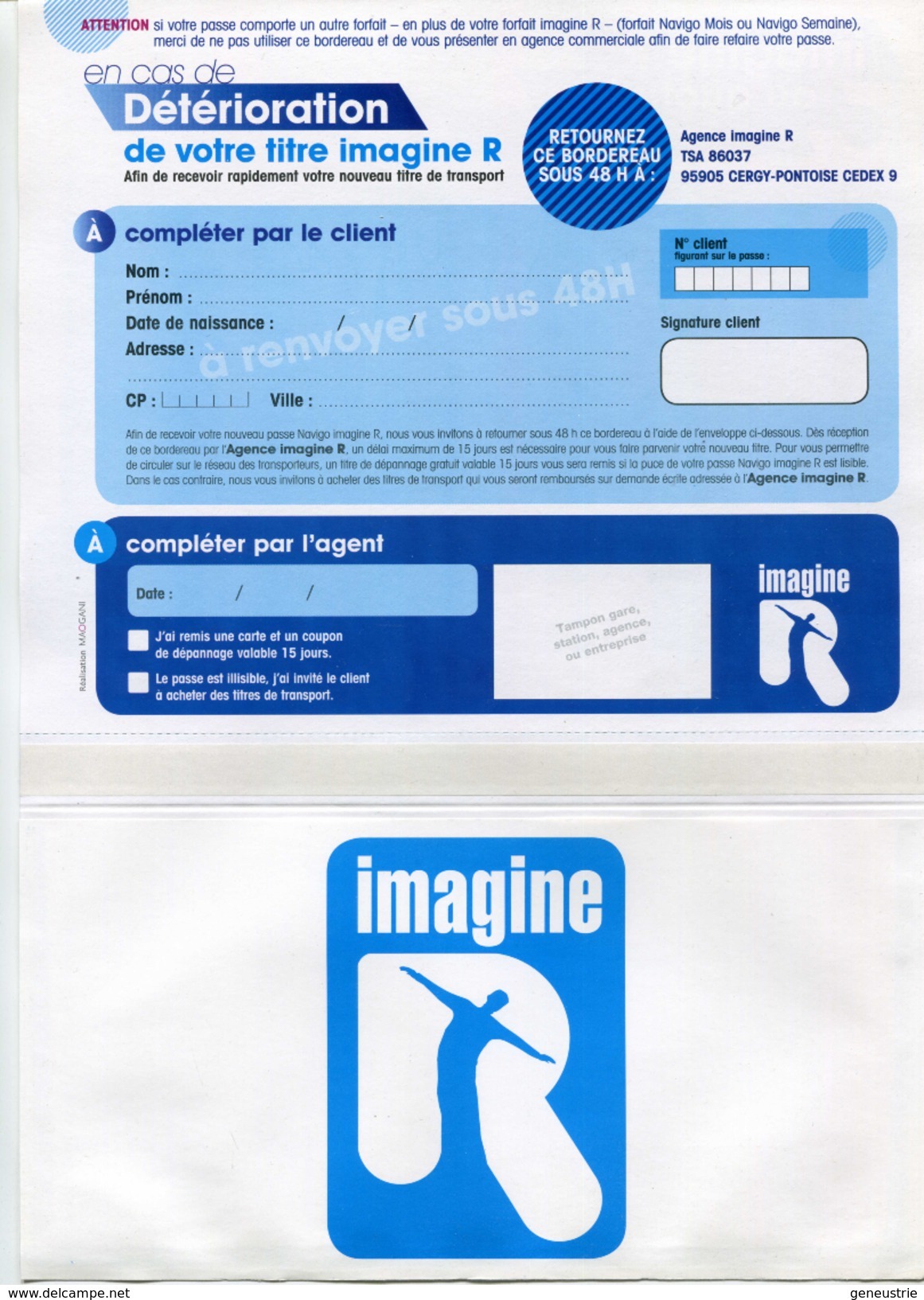 Formulaire (avec Enveloppe Attenante) à Envoyer En Cas De Détérioration De La Carte Imagine R - SNCF / RATP - RER Paris - Autres & Non Classés