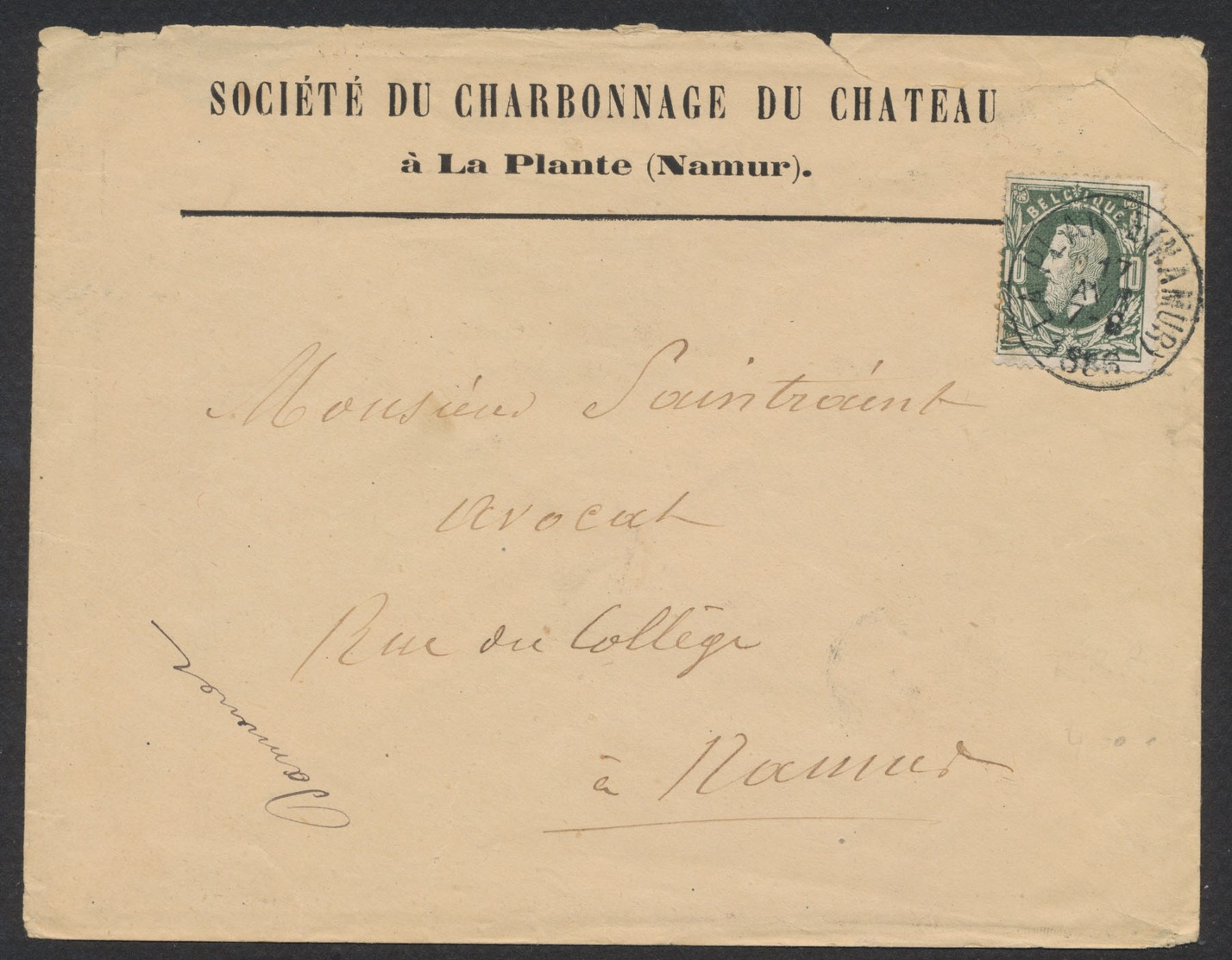 émission 1869 - N°30 Sur Lettre "Charbonnage Du Château" Obl Simple Cercle "La Plante (Namur)" Vers Namur - 1869-1883 Leopold II.