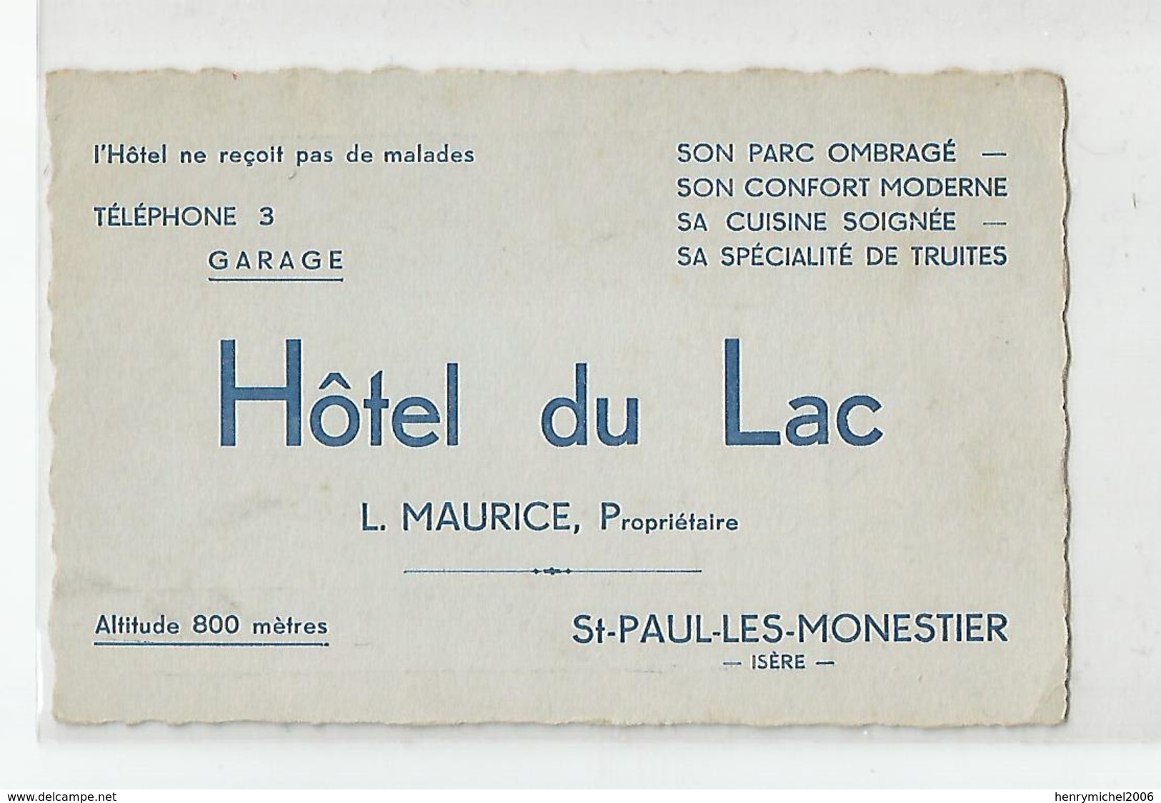 Carte De Visite Cdv St Paul Les Monestier Hotel Du Lac Isère 38 - Visitenkarten