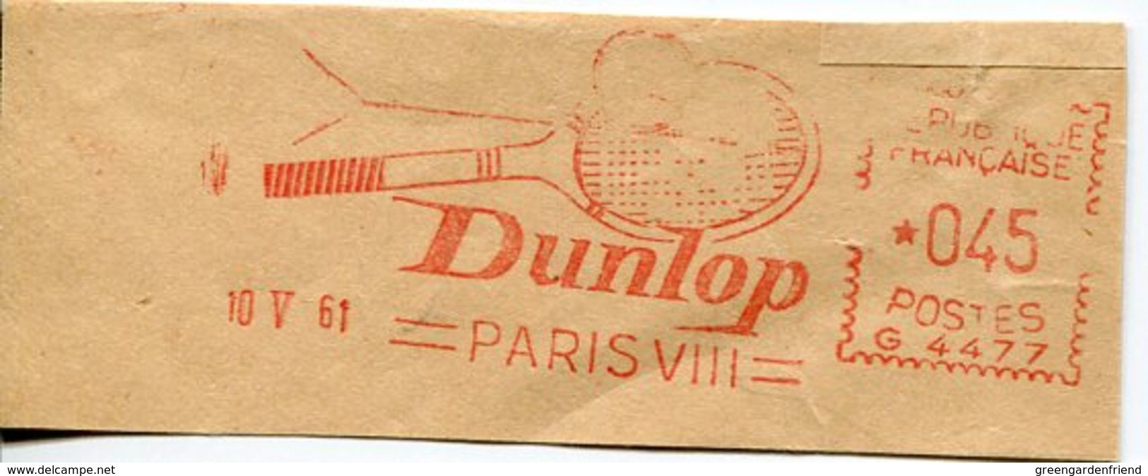 39905g  France., Red Meter Freistempel Ema (CUT)  1961, Paris,  Dunlop, Tennis Racket,Tennisschläger - Tennis